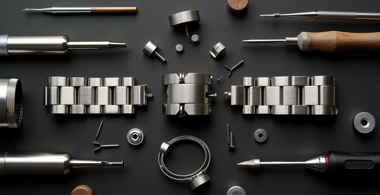 Outils d'horlogerie disposés autour d'un bracelet métallique démonté montrant les différents types de fixations