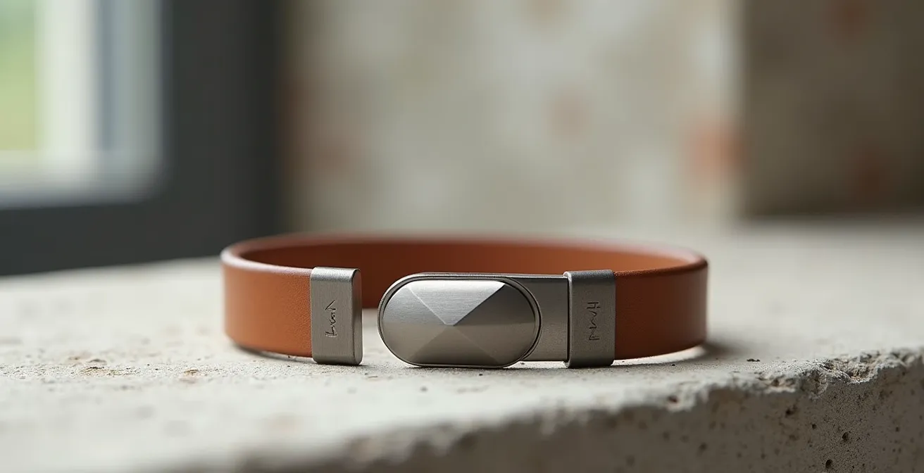 Détail d'un bijou minimaliste associant cuir tanné végétal mat et métal brossé aux reflets doux