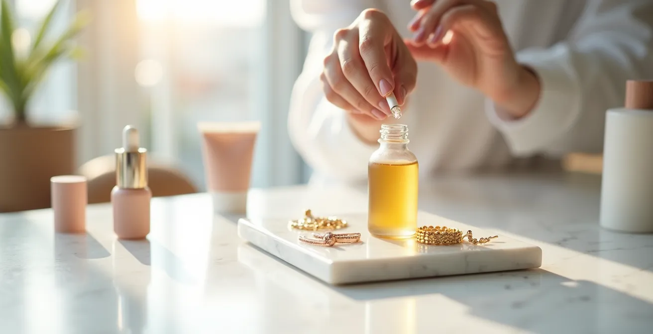 Mains avec bagues en or et texture de crème en cours d'absorption