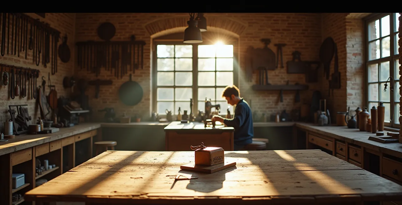 Vue large d'un atelier de bijouterie français traditionnel avec établi et outils ancestraux