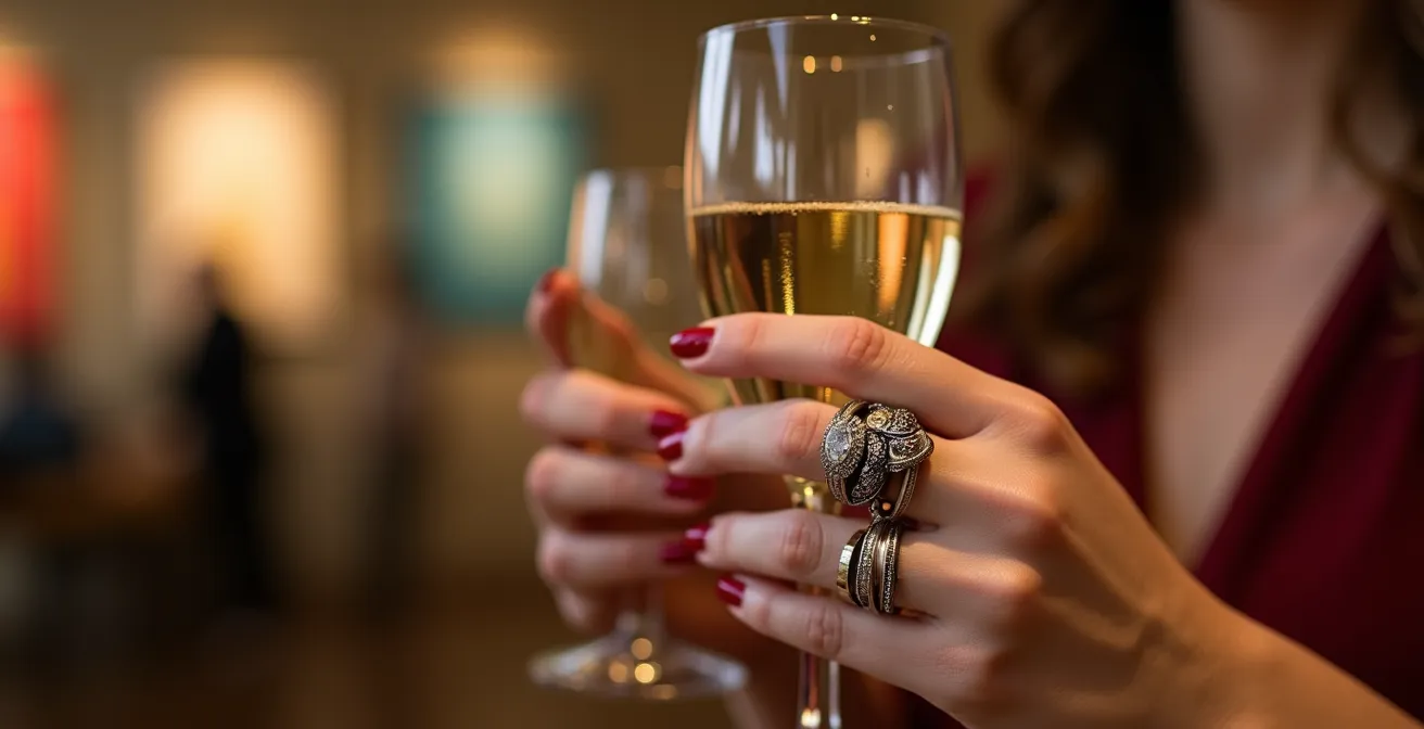 Main tenant délicatement une coupe de champagne avec bague sculpturale aux éléments mobiles