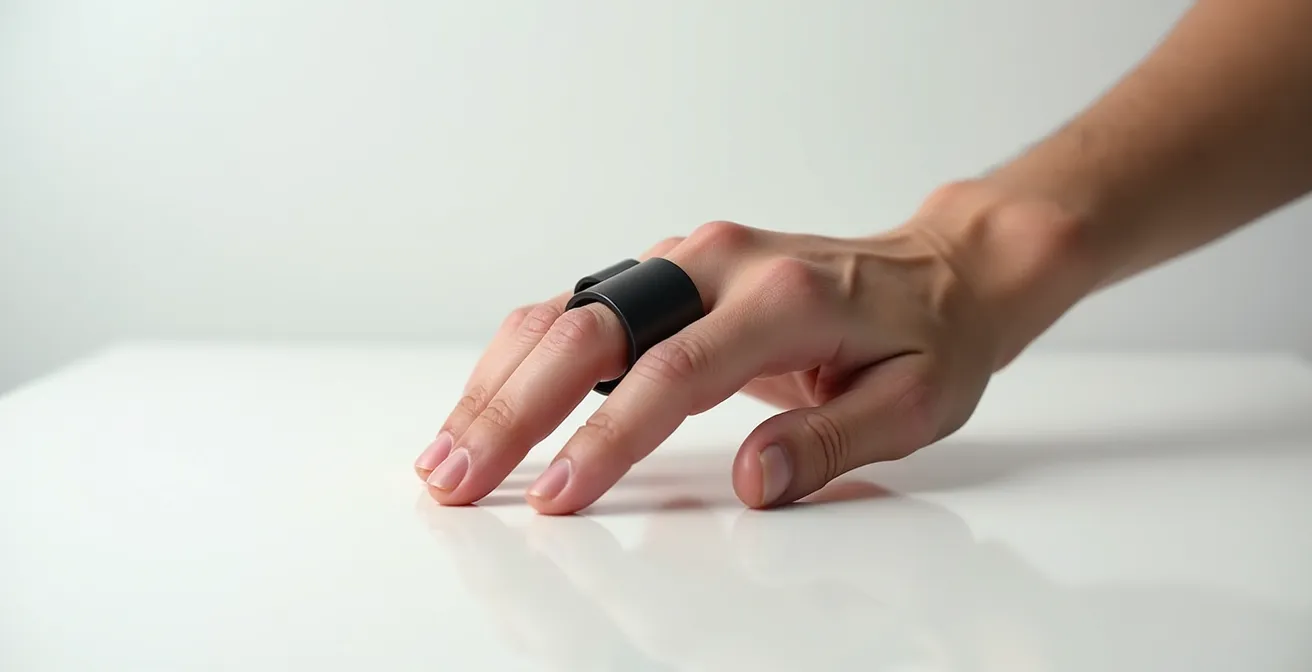 Vue latérale d'une main portant une bague architecturale sur plusieurs doigts, doigts en flexion naturelle