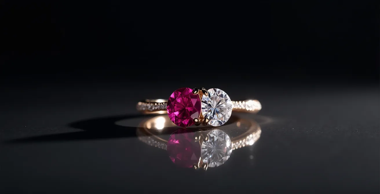 Bague Toi et Moi rubis et diamant sur main élégante en mouvement