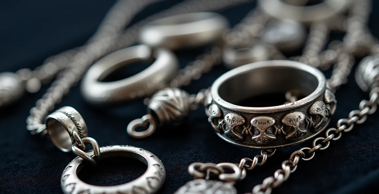 Détail macro de bijoux en argent avec patine naturelle dans les creux et surfaces polies