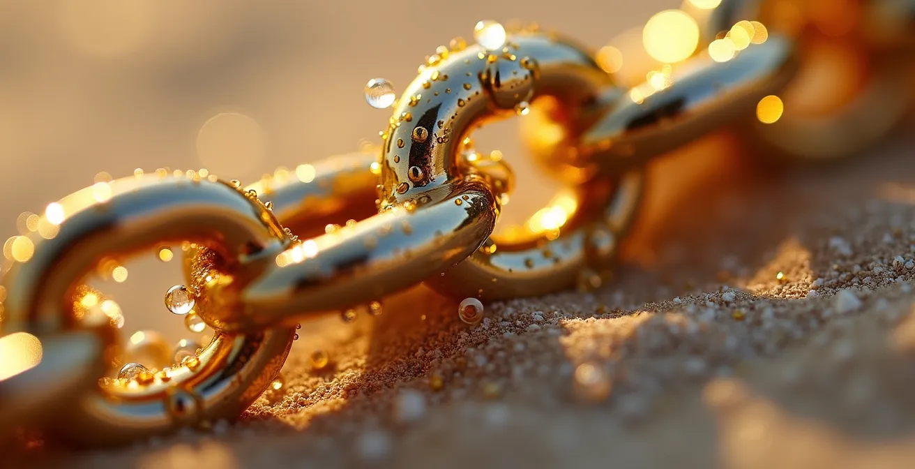 Gros plan macro sur une chaîne dorée avec gouttes d'eau et reflets lumineux