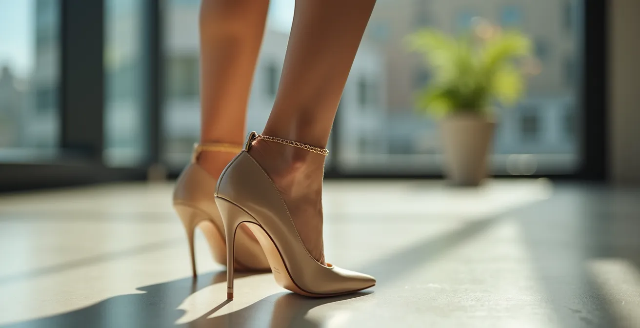 Cheville féminine avec bracelet fin doré et escarpin élégant dans un environnement bureau