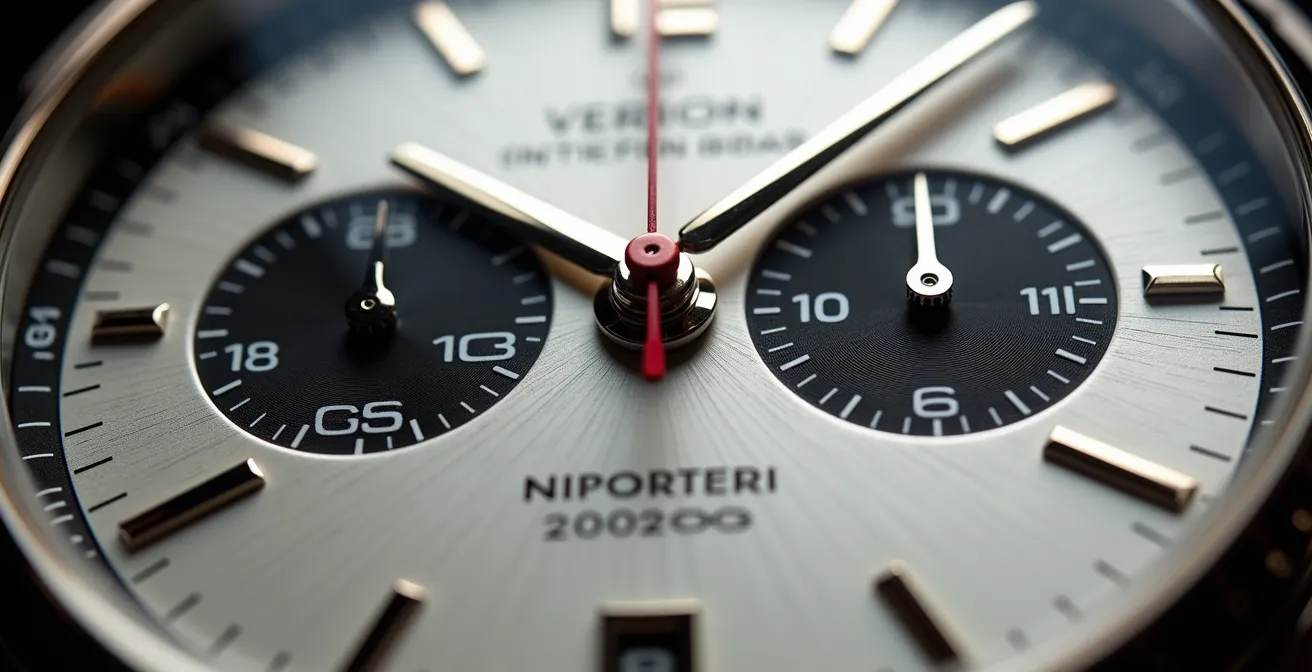 Cadran panda d'un chronographe vintage avec compteurs contrastés