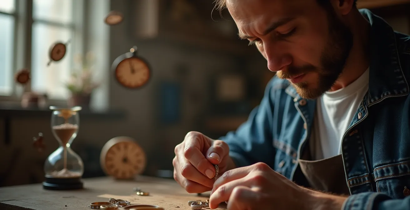 Vue d'ensemble d'un atelier avec un calendrier flou en arrière-plan, symbolisant le temps nécessaire à la création artisanale d'une bague.