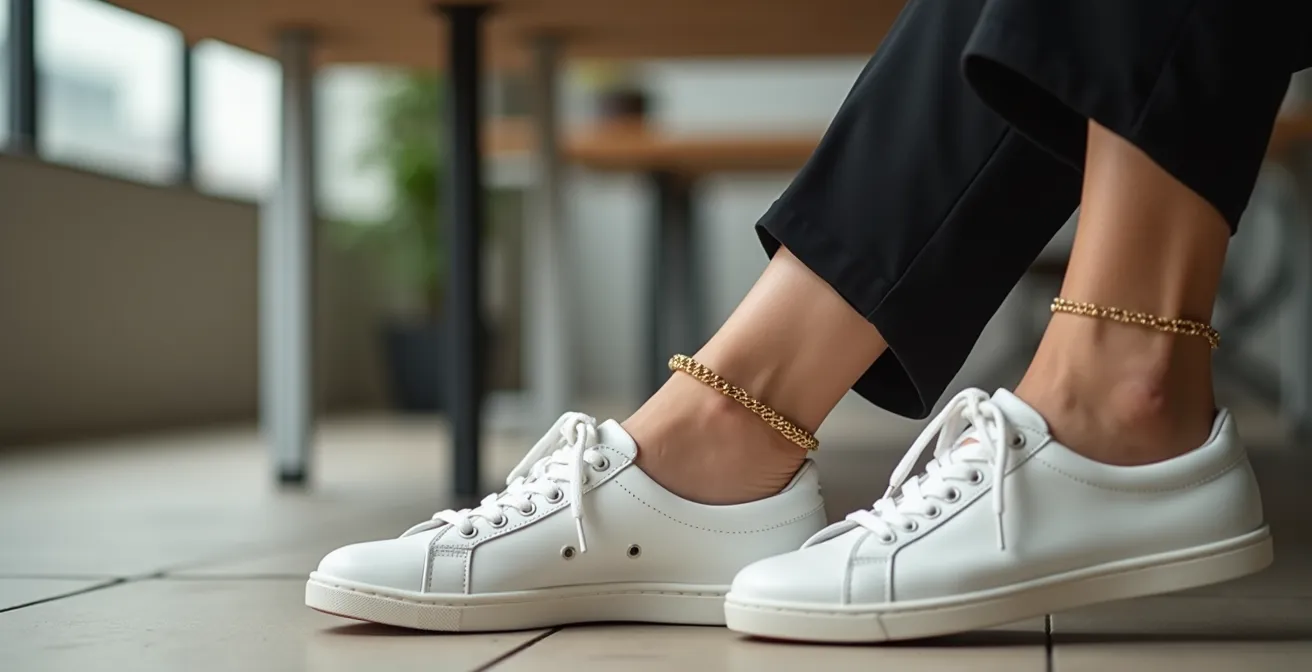 Jambes croisées portant des baskets blanches minimalistes avec une fine chaîne dorée à la cheville