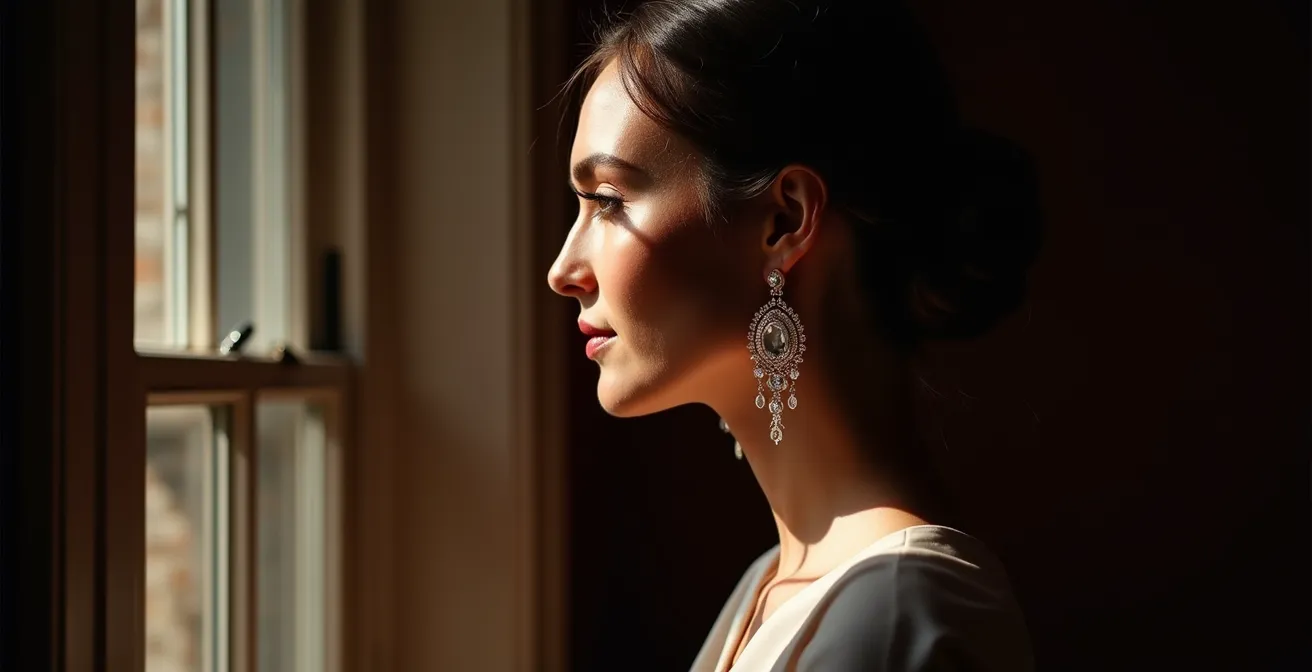 Profil de femme avec chignon bas élégant et boucles d'oreilles chandelier scintillantes