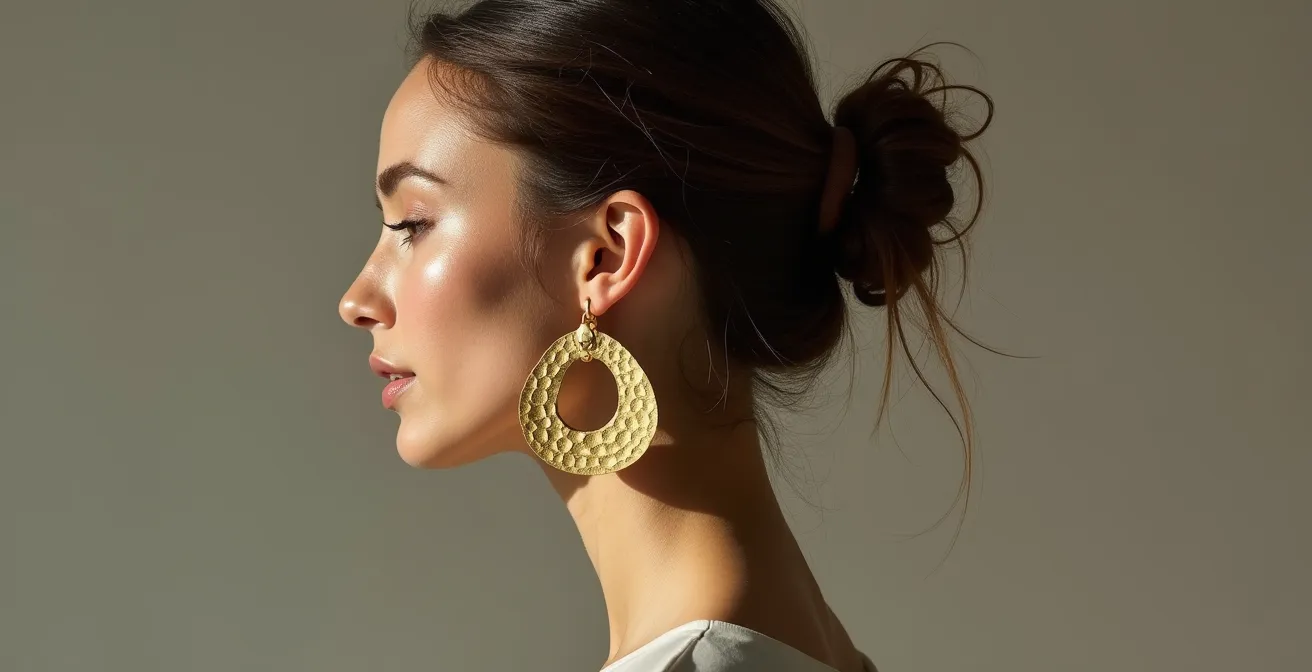 Profil de femme avec chignon décoiffé et grandes boucles d'oreilles dorées structurées