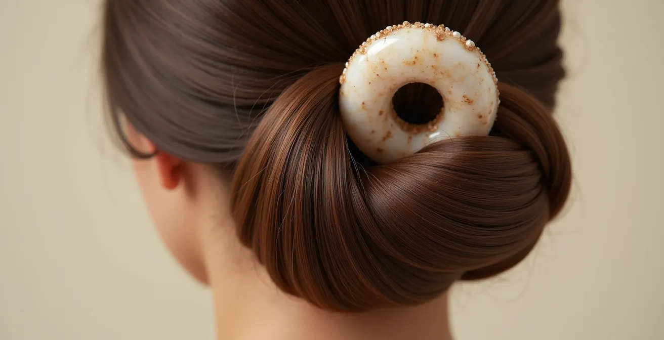 Gros plan sur un chignon volumineux avec crépon caché et peigne décoratif en nacre