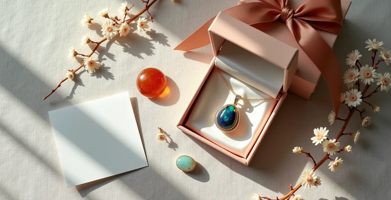 Arrangement élégant d'opale et de tourmaline dans un écrin personnalisé pour cadeau d'anniversaire