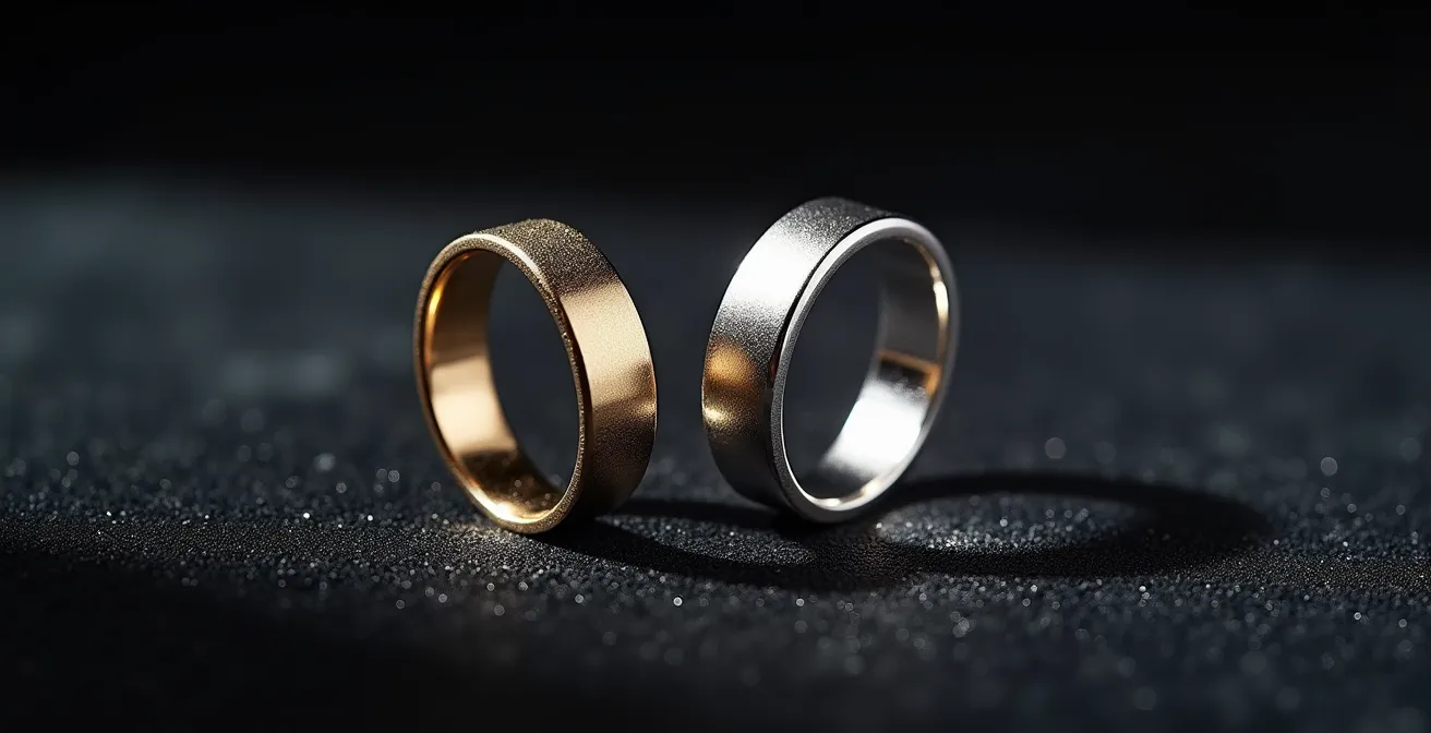 Comparaison visuelle d'une bague en or blanc avant et après rhodiage