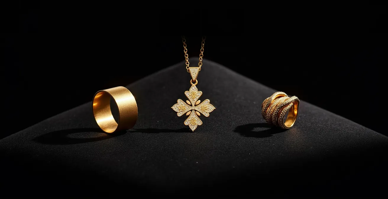 Trois bijoux emblématiques disposés sur velours noir : bracelet Love, collier Alhambra et bague Serpenti