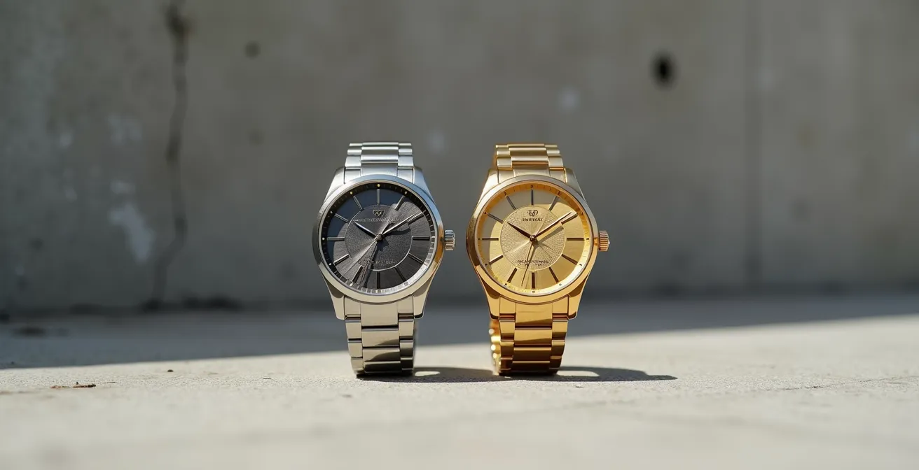 Deux montres identiques côte à côte, une en acier brossé et une en or jaune, sur fond neutre