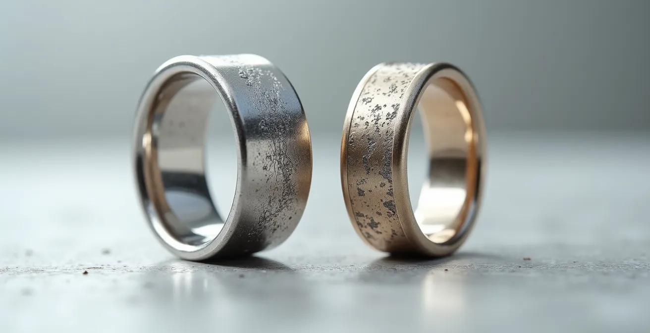 Vue macro comparative de la patine du platine versus l'usure de l'or blanc après plusieurs décennies