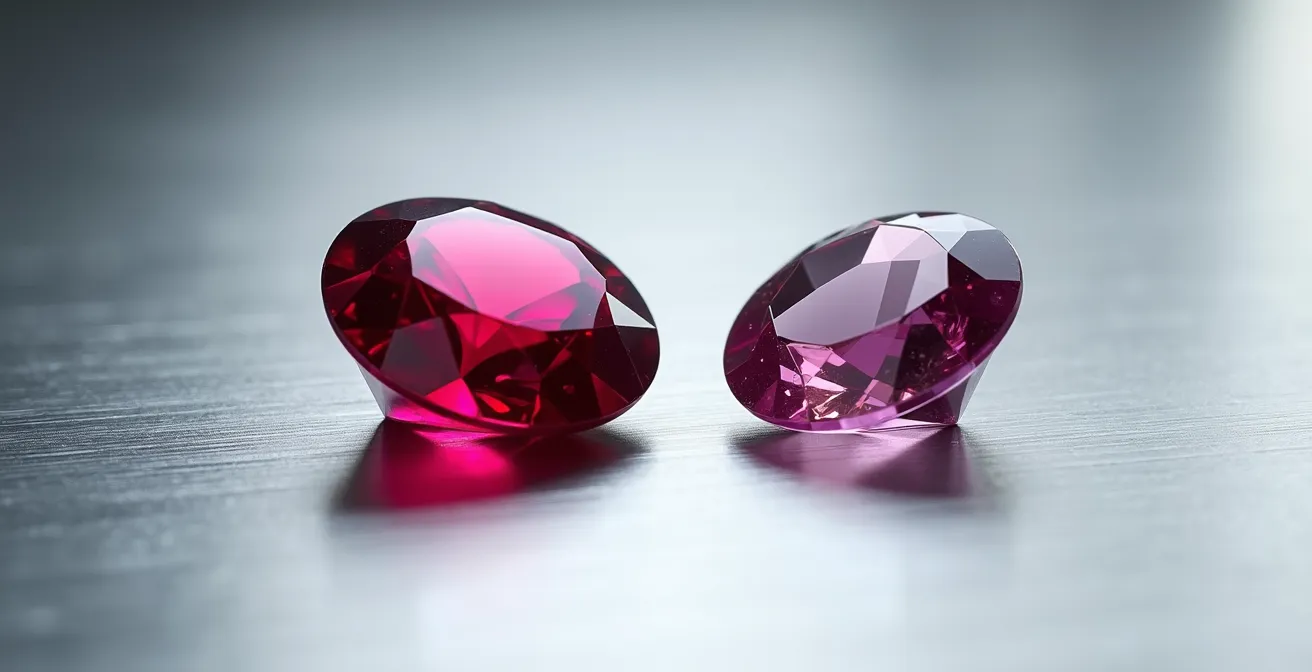 Deux pierres rouges côte à côte sur surface métallique montrant la différence de brillance entre rubis et spinelle