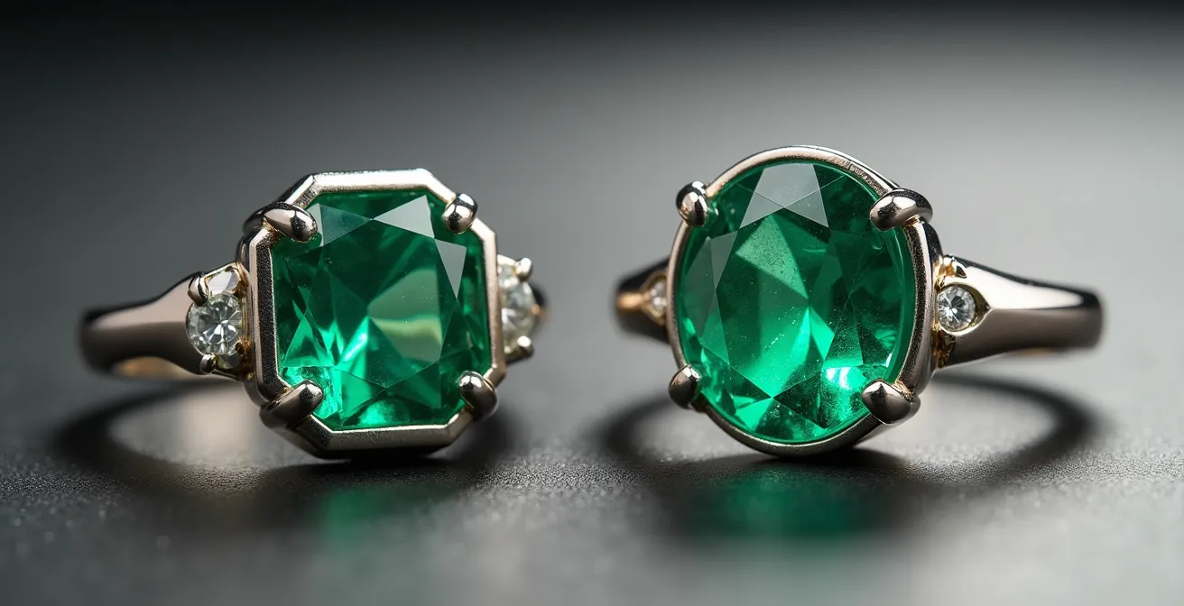 Vue détaillée de deux bagues émeraude montrant serti clos et serti griffes en V