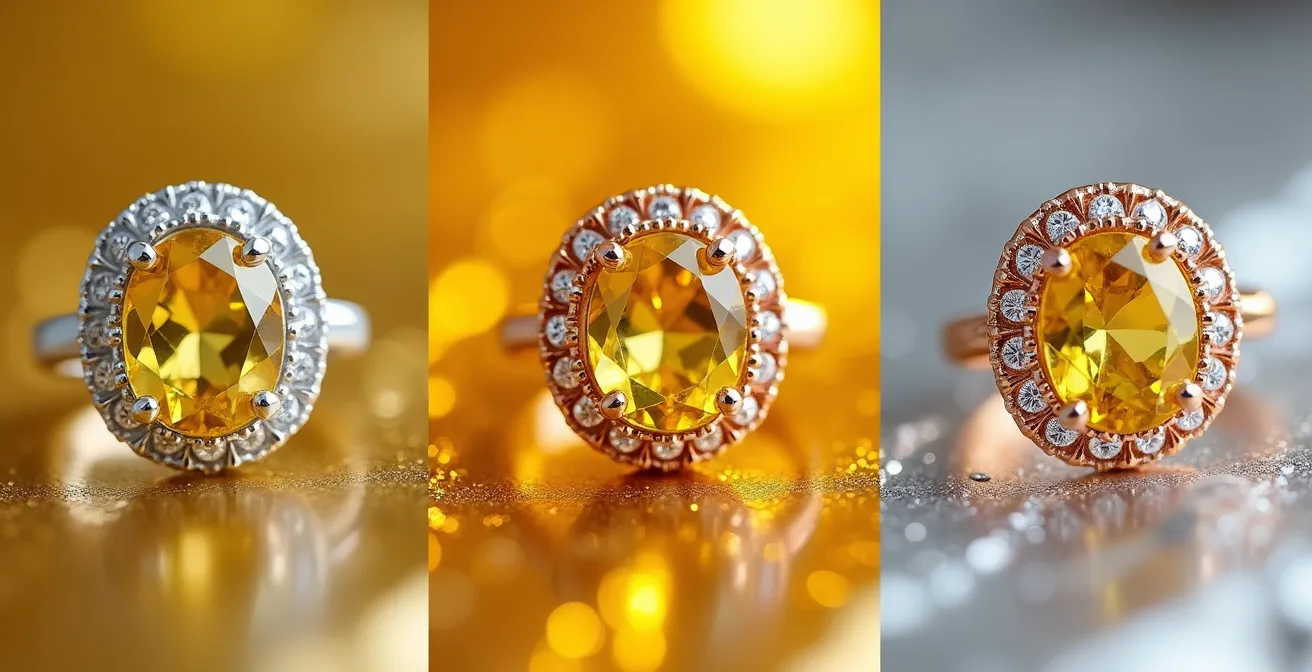 Saphir jaune monté sur différents métaux précieux pour comparer l'effet de l'or blanc, de l'or rose et du platine.