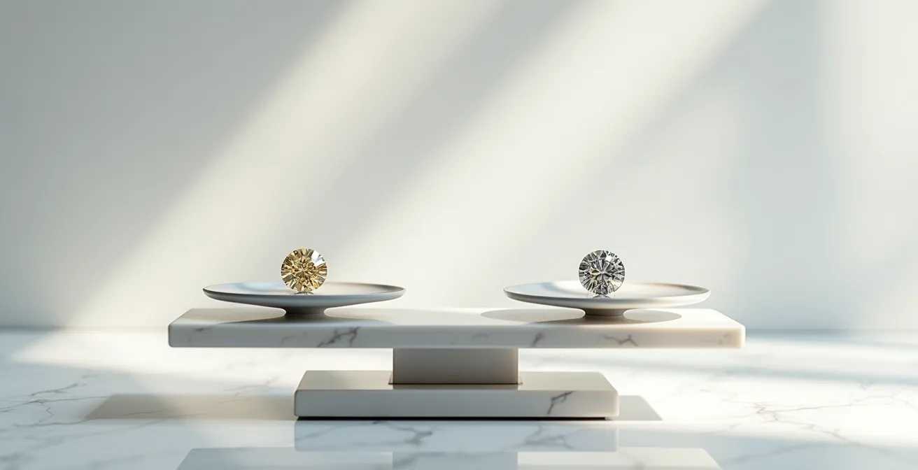 Deux diamants d'apparence identique sur une balance de précision, illustrant une différence de valeur implicite.