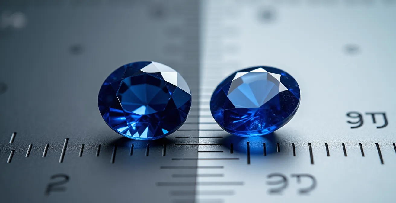 Deux pierres précieuses côte à côte montrant la différence entre poids et dimensions visuelles