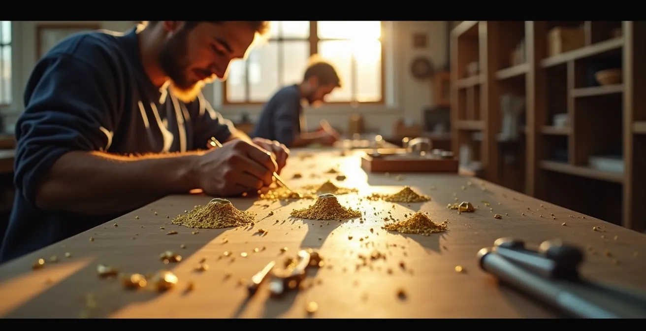 Atelier de joaillerie minimaliste avec outils traditionnels et or en cours de travail