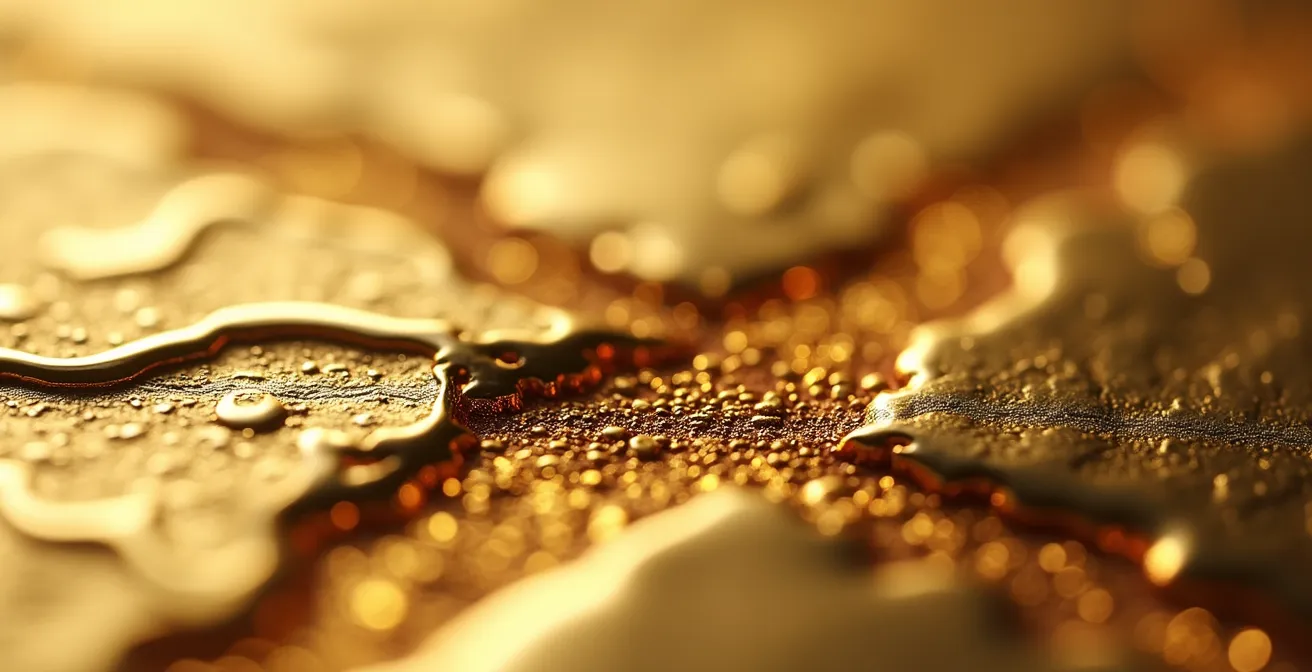 Vue macro extrême d'une soudure parfaite sur un bijou en or montrant la fusion du métal