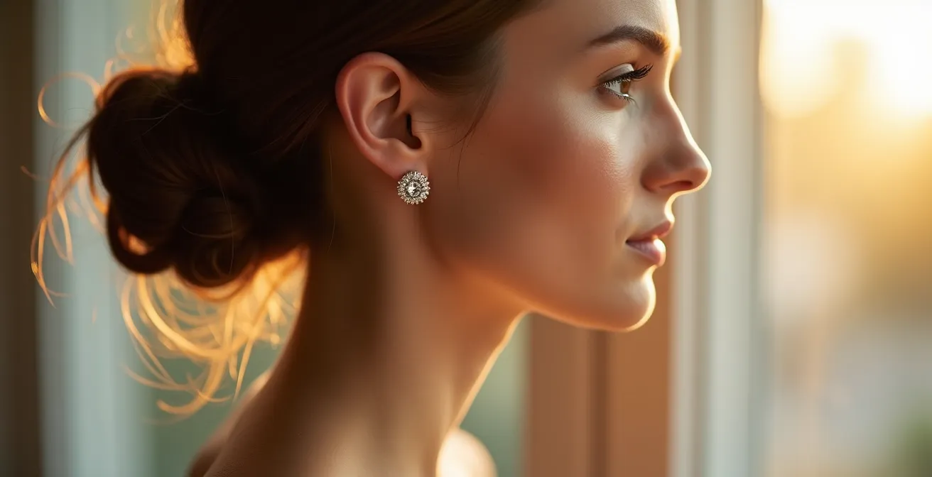 Femme aux cheveux attachés en chignon portant des puces d'oreilles brillantes, profil éclairé par lumière naturelle