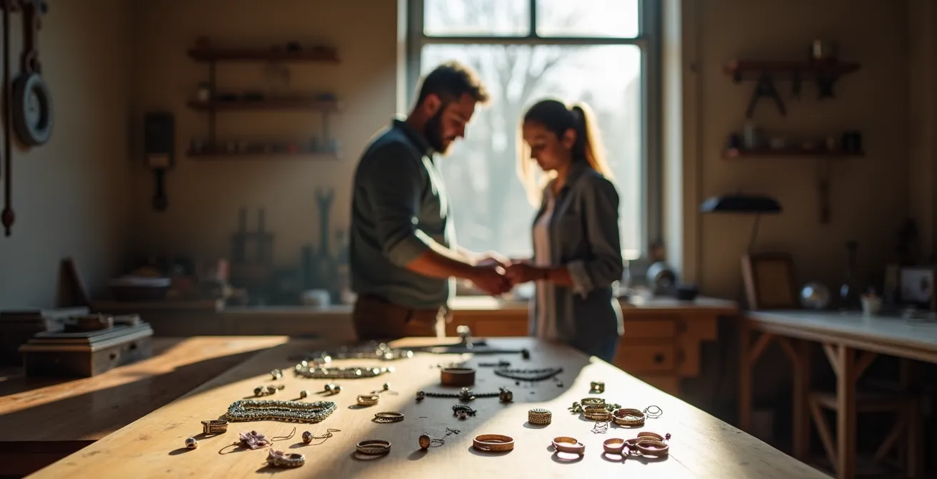 Couple découvrant ensemble des bijoux dans un atelier d'artisan avec une lumière naturelle chaleureuse