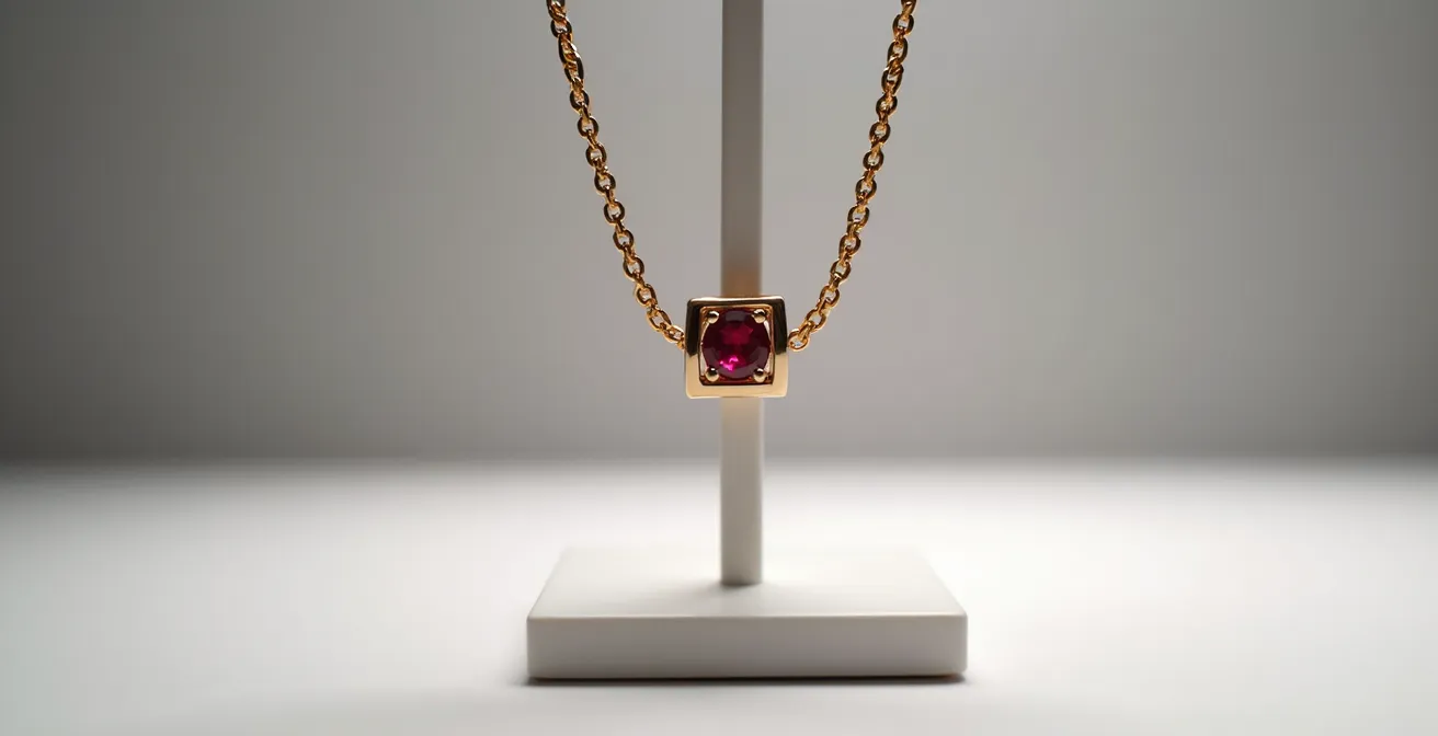 Vue macro d'un fermoir de sécurité haute joaillerie sur collier rubis