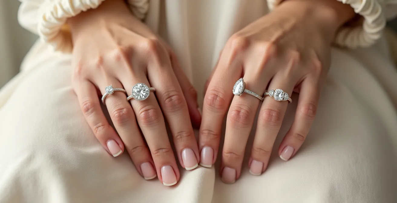 Différentes formes de diamants sur des mains montrant l'effet d'allongement visuel des doigts