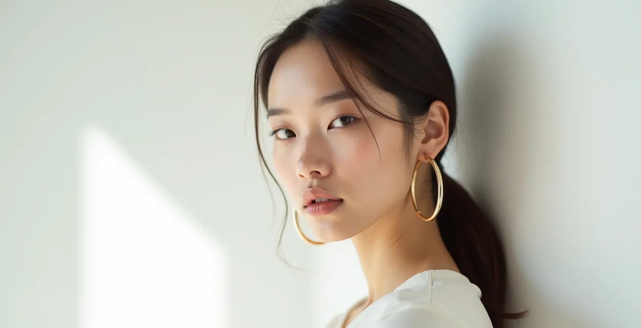 Portrait minimaliste montrant l'impact de la raie sur l'équilibre visuel avec des créoles