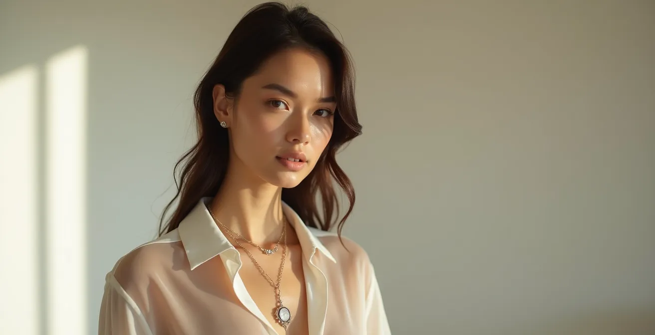 Femme portant un harnais délicat sous une blouse semi-transparente créant un jeu de transparence