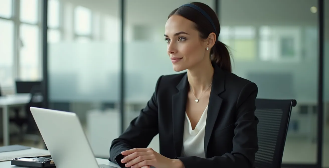 Femme en blazer structuré noir portant un headband fin en velours mate, assise à un bureau épuré