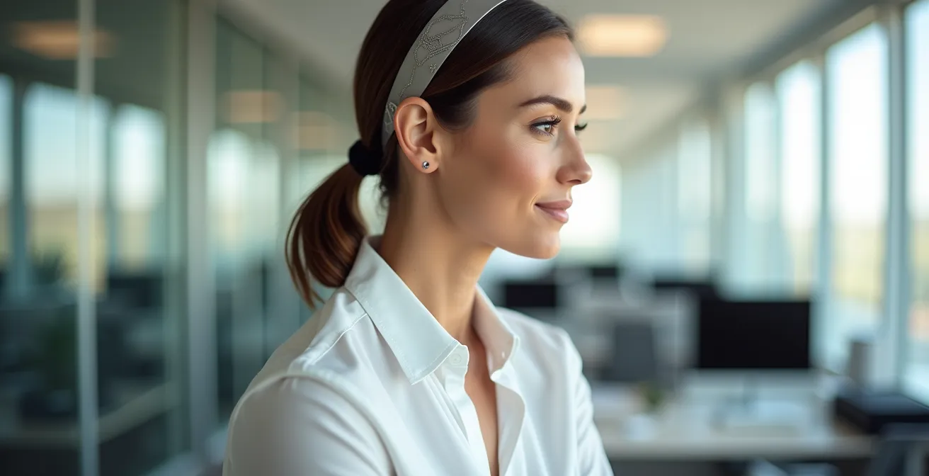 Femme portant un headband métallique discret dans un environnement de bureau moderne