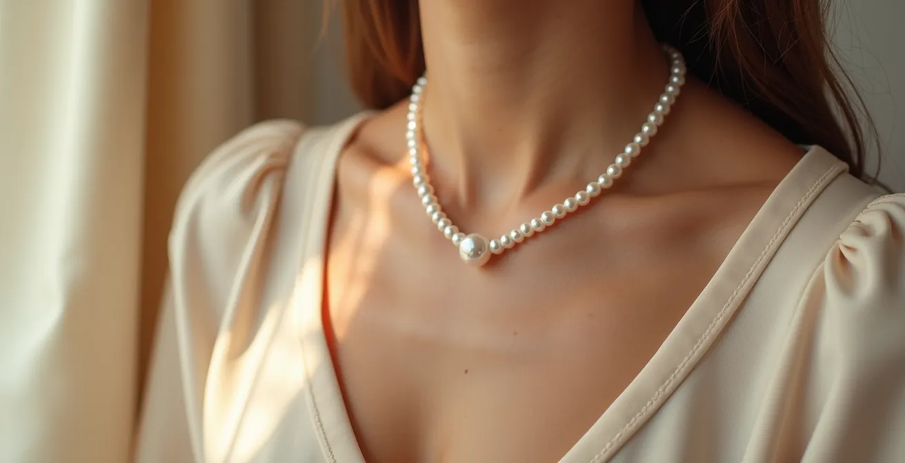 Décolleté illuminé avec highlighter nacré mettant en valeur un collier de perles