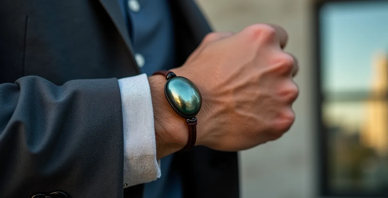 Homme portant un bracelet en cuir avec perle de Tahiti baroque sur blazer en lin