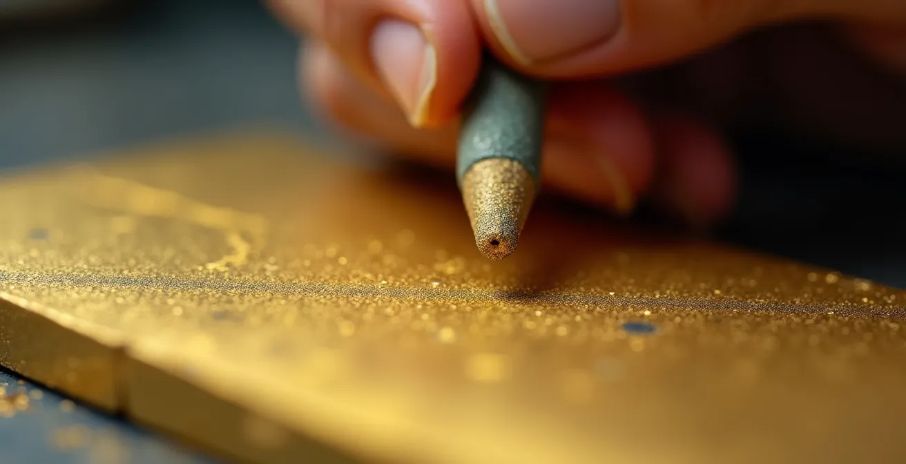 Gros plan sur une main utilisant un cabron sur une surface en or