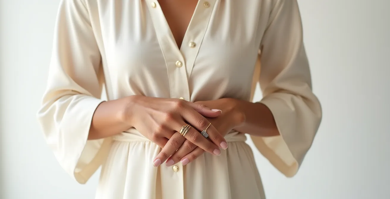 Mains féminines avec accumulation de bagues de phalange émergeant d'une manche 3/4 en soie