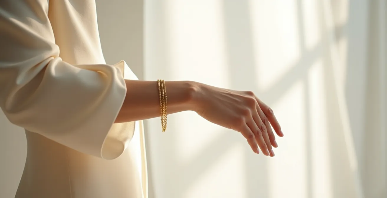 Bras féminin avec manche trois-quarts en soie fluide révélant un bracelet de paume doré sur une main élégante