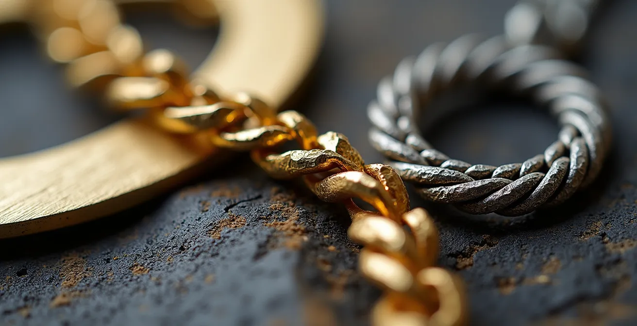 Détails macro de différents métaux utilisés pour les bijoux de corps montrant leurs textures