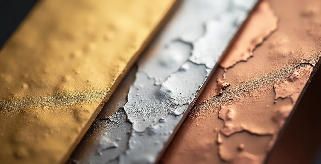 Comparaison macro de différents métaux précieux pour bagues, montrant les textures de l'or, du platine et de l'or rose.