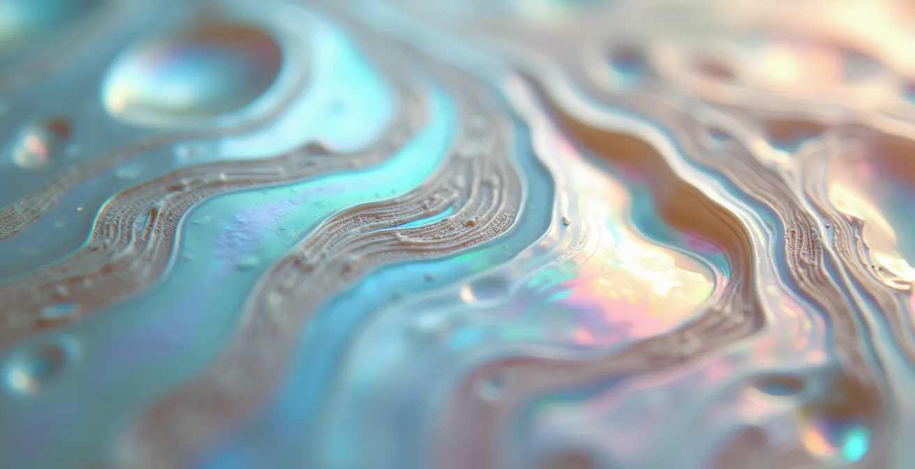 Vue macro de la surface irisée de la nacre révélant ses couches minérales et ses reflets arc-en-ciel naturels