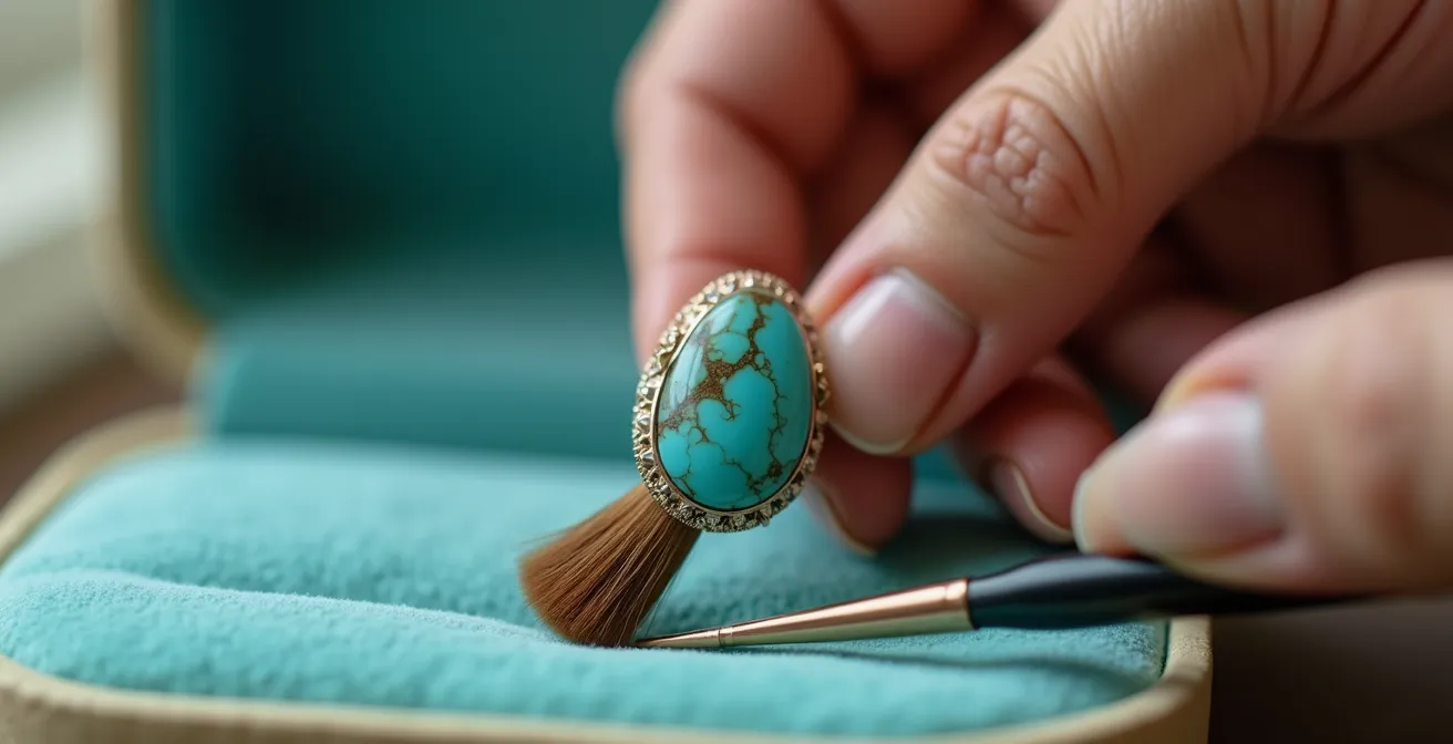 Gros plan sur le nettoyage délicat d'une bague turquoise avec un pinceau de maquillage