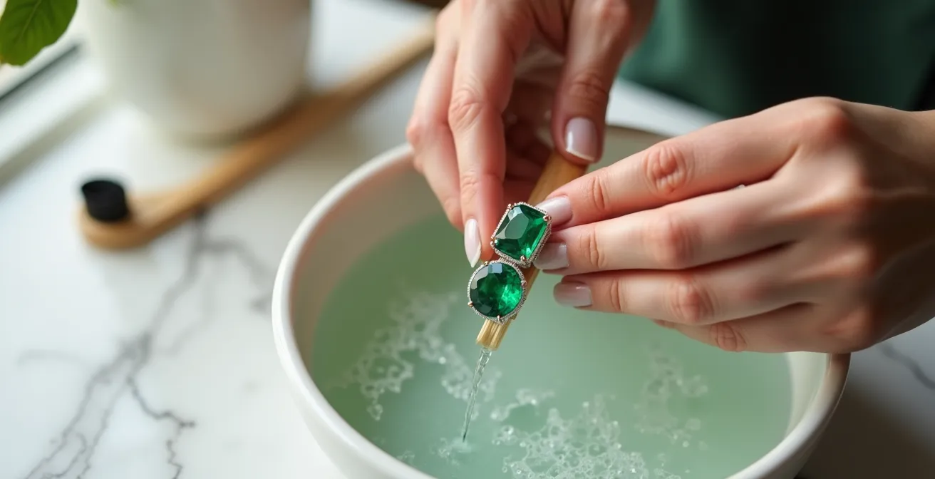 Mains expertes nettoyant délicatement une bague émeraude avec une brosse douce