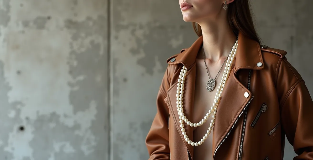 Collier de perles classique stylisé de manière contemporaine avec éléments modernes