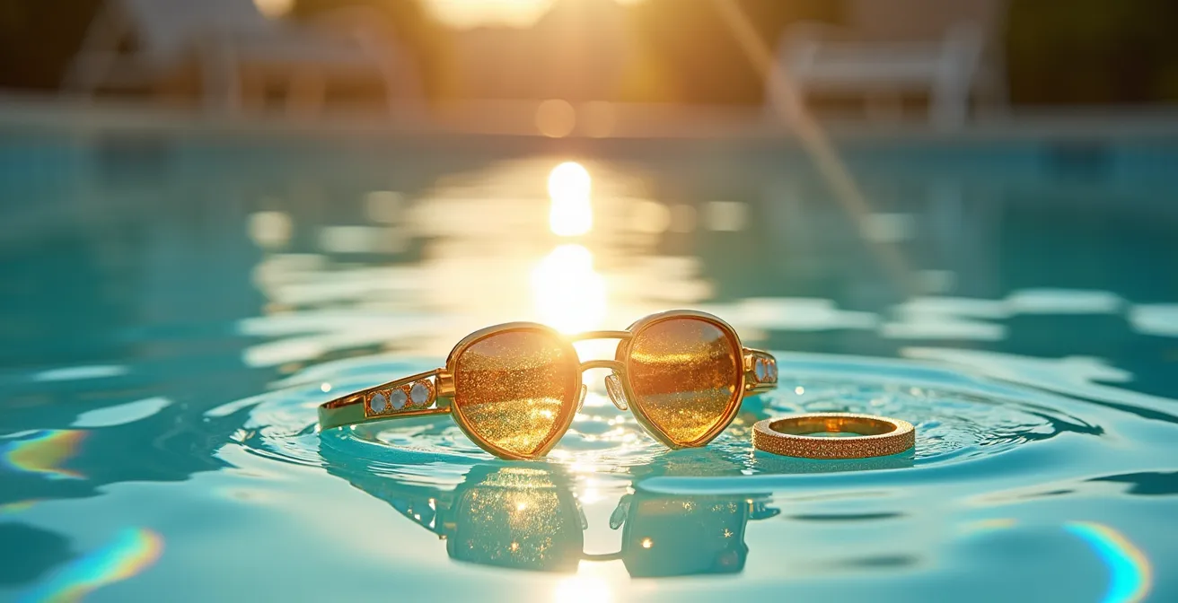 Ambiance pool party avec détail sur une chaîne de corps dorée portée avec élégance