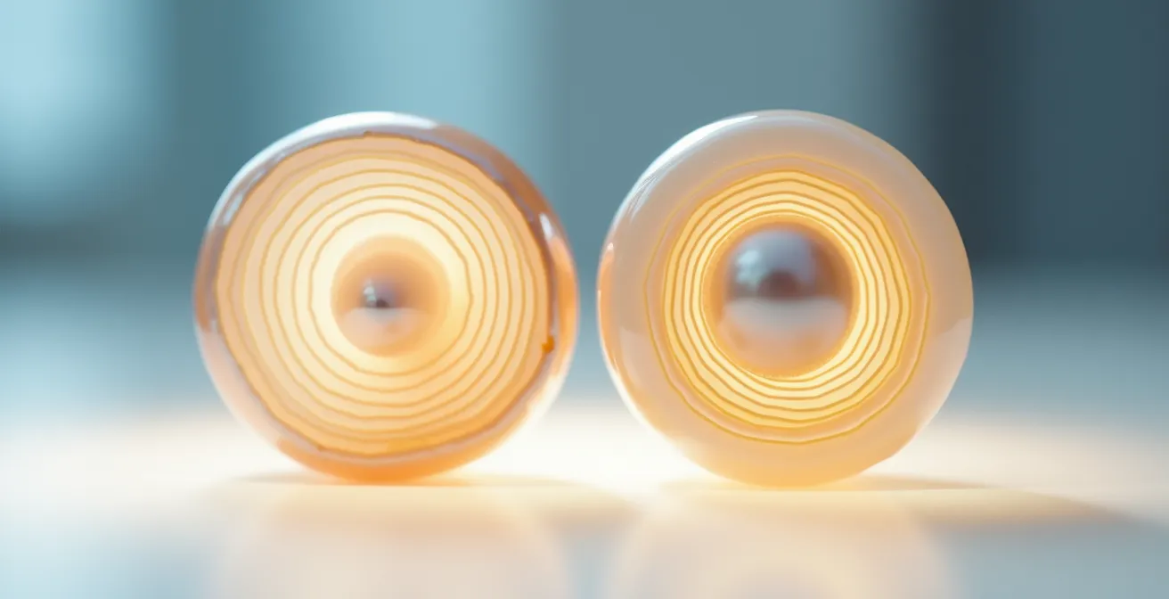 Image radiographique montrant la structure interne concentrique d'une perle fine versus le noyau solide d'une perle de culture