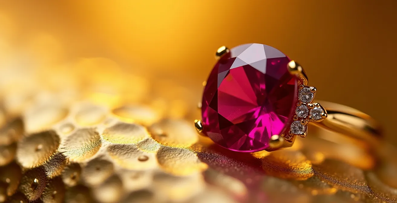 Macro d'un rubis birman monté sur or jaune montrant la réflexion de la lumière dorée à travers la pierre